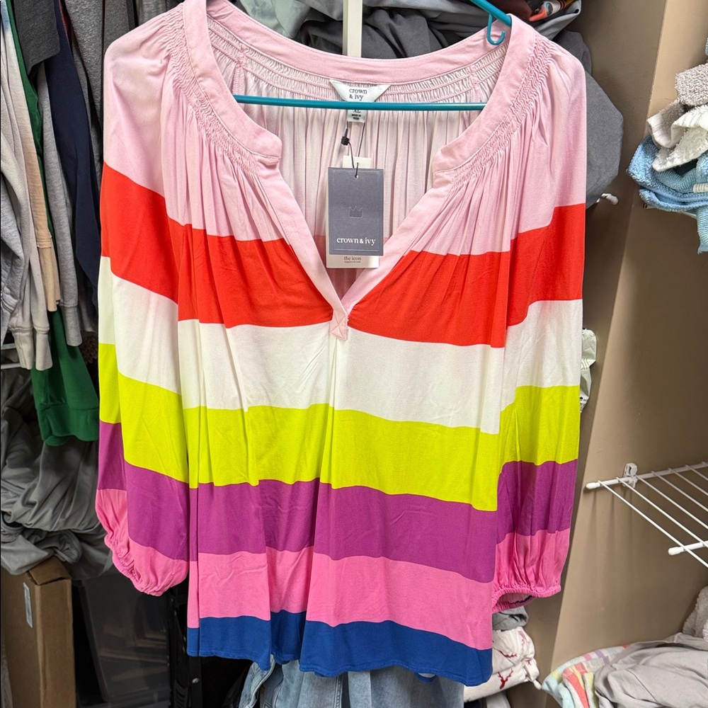 crown & ivy Pink Multicolor Striped V-Neck Tunic